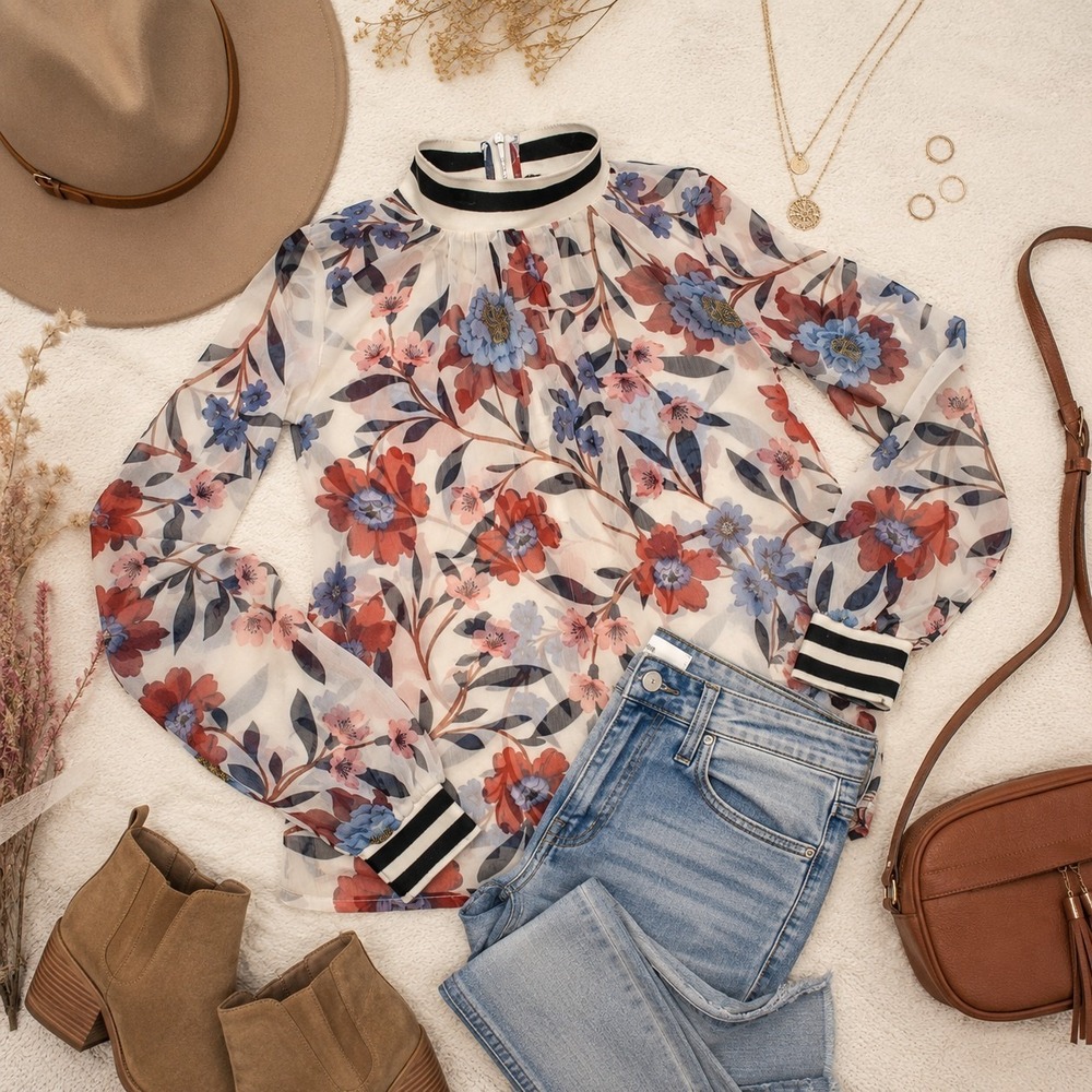 Floral Sheer Blouse XS Romantic Cottagecore Puff Sleeve Mock Neck Boho Top